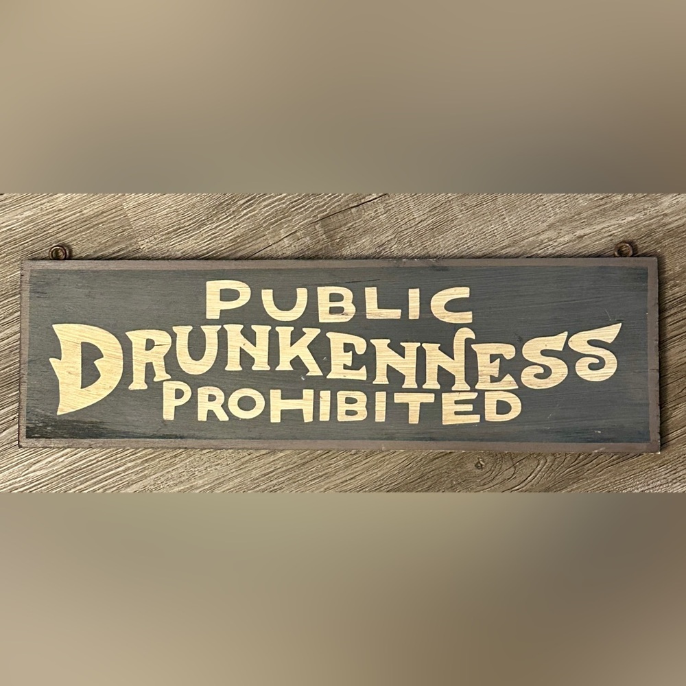 Hanging Distressed Wall Sign “PUBLIC DRUNKENNESS PROHIBITED” 18”x5” Preowned